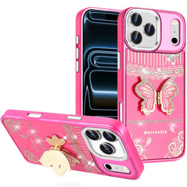 Dazzling Diamond Hybrid Case with Butterfly Stand for iPhone 18 Pro and iPhone 17 Pro - Hot Pink