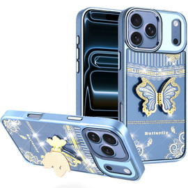 Dazzling Diamond Hybrid Case with Butterfly Stand for iPhone 18 Pro and iPhone 17 Pro - Light Blue
