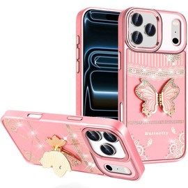 Dazzling Diamond Hybrid Case with Butterfly Stand for iPhone 18 Pro and iPhone 17 Pro - Pink
