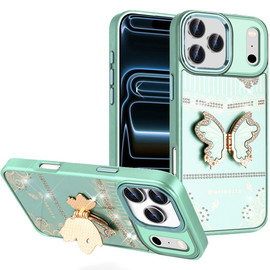 Dazzling Diamond Hybrid Case with Butterfly Stand for iPhone 18 Pro and iPhone 17 Pro - Teal
