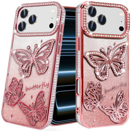 Butterfly Twinkle Glitter Diamond Case for iPhone 18 Pro and iPhone 17 Pro - Rose Gold