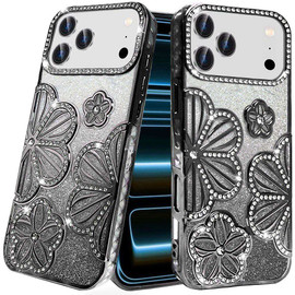 Floral Twinkle Glitter Diamond Case for iPhone 18 Pro and iPhone 17 Pro - Black