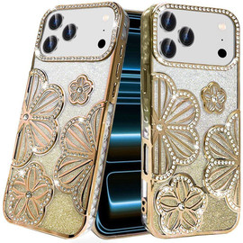 Floral Twinkle Glitter Diamond Case for iPhone 18 Pro and iPhone 17 Pro - Gold