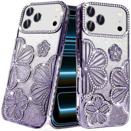 Floral Twinkle Glitter Diamond Case for iPhone 18 Pro and iPhone 17 Pro - Purple