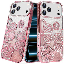 Floral Twinkle Glitter Diamond Case for iPhone 18 Pro and iPhone 17 Pro - Rose Gold