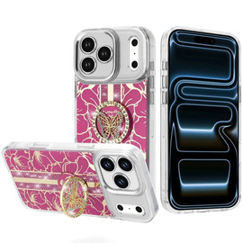 Floral Design Diamond Rhinestone Case with Butterfly Stand for iPhone 18 Pro and iPhone 17 Pro - Hot Pink