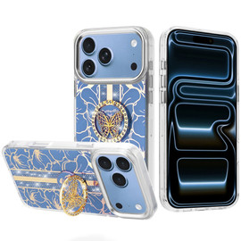 Floral Design Diamond Rhinestone Case with Butterfly Stand for iPhone 18 Pro and iPhone 17 Pro - Light Blue