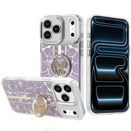 Floral Design Diamond Rhinestone Case with Butterfly Stand for iPhone 18 Pro and iPhone 17 Pro - Purple
