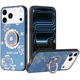 Splendid Four-Leaf Clover Diamond Rhinestone Case with Ring Grip for iPhone 18 Pro Max and iPhone 17 Pro Max - Light Blue