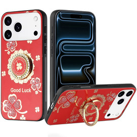 Splendid Four-Leaf Clover Diamond Rhinestone Case with Ring Grip for iPhone 18 Pro Max and iPhone 17 Pro Max - Red