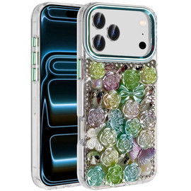 Roses Luxurious Bling 3D Crystal Diamond Case for iPhone 18 Pro and iPhone 17 Pro - Green