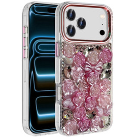 Roses Luxurious Bling 3D Crystal Diamond Case for iPhone 18 Pro and iPhone 17 Pro - Pink