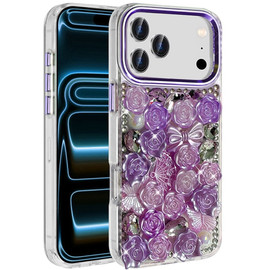 Roses Luxurious Bling 3D Crystal Diamond Case for iPhone 18 Pro and iPhone 17 Pro - Purple