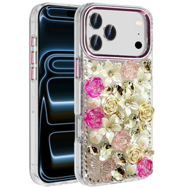 Floral Luxurious Bling 3D Crystal Diamond Case for iPhone 18 Pro and iPhone 17 Pro - Pink