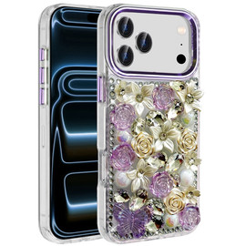 Floral Luxurious Bling 3D Crystal Diamond Case for iPhone 18 Pro and iPhone 17 Pro - Purple
