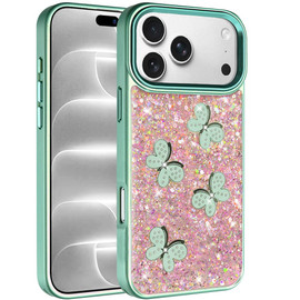 Crystal Butterfly Design Epoxy Glitter Hybrid Case for iPhone 18 Pro and iPhone 17 Pro - Teal