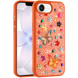 Butterfly Ornaments Diamond Hybrid Case for iPhone 17e / 16e - Cosmic Orange