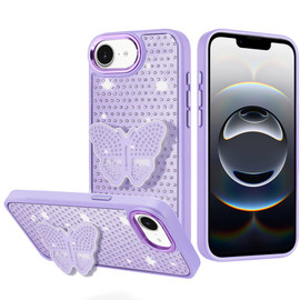 Dazzling Diamond Hybrid Case with Butterfly Grip Stand for iPhone 17e / 16e - Purple