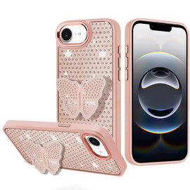 Dazzling Diamond Hybrid Case with Butterfly Grip Stand for iPhone 17e / 16e - Rose Gold