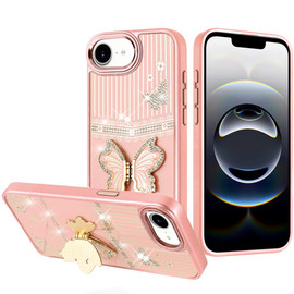 Dazzling Diamond Hybrid Case with Butterfly Stand for iPhone 17e / 16e - Rose Gold
