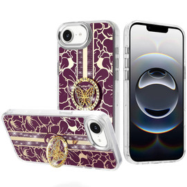 Floral Design Diamond Rhinestone Case with Butterfly Stand for iPhone 17e / 16e - Burgundy