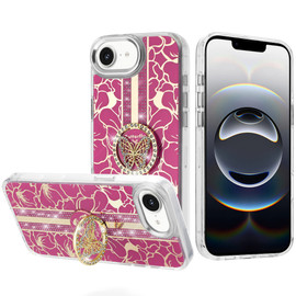 Floral Design Diamond Rhinestone Case with Butterfly Stand for iPhone 17e / 16e - Hot Pink