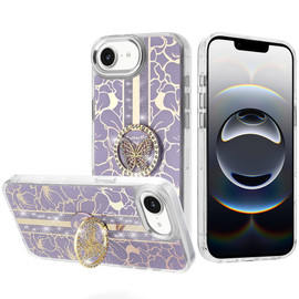 Floral Design Diamond Rhinestone Case with Butterfly Stand for iPhone 17e / 16e - Purple