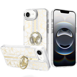 Floral Design Diamond Rhinestone Case with Butterfly Stand for iPhone 17e / 16e - White
