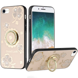 Splendid Four-Leaf Clover Diamond Rhinestone Case with Ring Grip for iPhone 17e / 16e - Gold