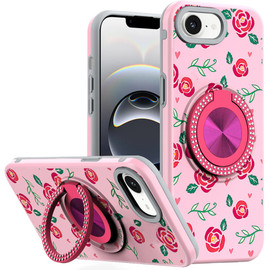 Circular Series Hybrid Case with Rotating Ring Stand for iPhone 17e / 16e - Flowers Pink