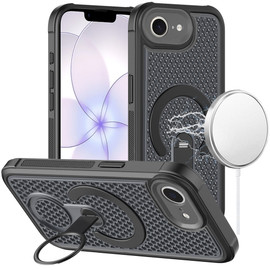 Honeycomb Series Heat Dissipation MagSafe Cooling Case with Rotating Ring Holder Kickstand for iPhone 17e / 16e - Black