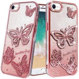 Butterfly Twinkle Glitter Diamond Case for iPhone 17e / 16e - Rose Gold