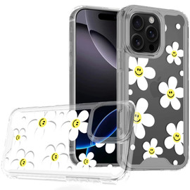 Designer Series Tough Shield Transparent Hybrid Case for iPhone 16 Pro Max - White Daisies with Yellow Smiley Faces