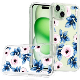 Designer Series Tough Shield Transparent Hybrid Case for iPhone 15 - Blue Leaves and Pink Florals