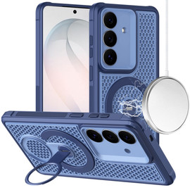 Honeycomb Series Heat Dissipation Magnetic Cooling Case with Rotating Ring Holder Kickstand for Samsung Galaxy S26 FE - Blue