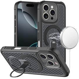 Honeycomb Series Heat Dissipation MagSafe Cooling Case with Rotating Ring Holder Kickstand for iPhone 16 Pro Max - Black