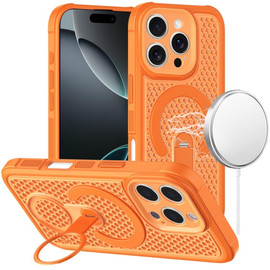 Honeycomb Series Heat Dissipation MagSafe Cooling Case with Rotating Ring Holder Kickstand for iPhone 16 Pro Max - Cosmic Orange
