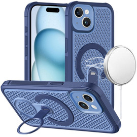Honeycomb Series Heat Dissipation MagSafe Cooling Case with Rotating Ring Holder Kickstand for iPhone 15 - Blue
