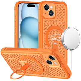 Honeycomb Series Heat Dissipation MagSafe Cooling Case with Rotating Ring Holder Kickstand for iPhone 15 - Cosmic Orange