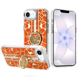 Floral Design Diamond Rhinestone Case with Butterfly Stand for iPhone 17e / 16e - Cosmic Orange
