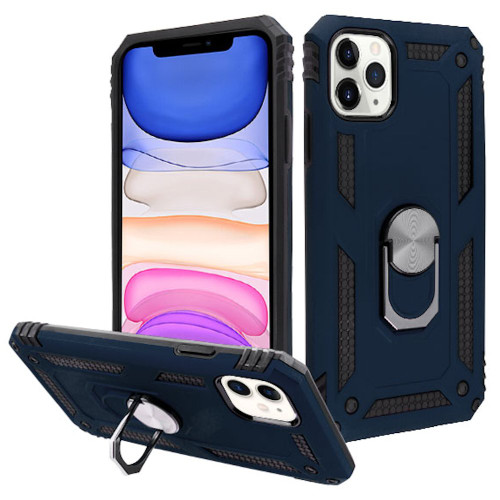 Finger Loop Armor Hybrid Case with 360° Rotating Ring Holder Kickstand for iPhone 11 - Navy Blue