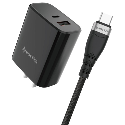 20W USB-C PD Power Delivery + 18W Quick Charge 3.0 USB-A Wall Charger + USB-C to USB-C Cable - Black