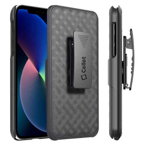 Shell Holster Kickstand Case with Spring Belt Clip for iPhone 13 Pro - Black