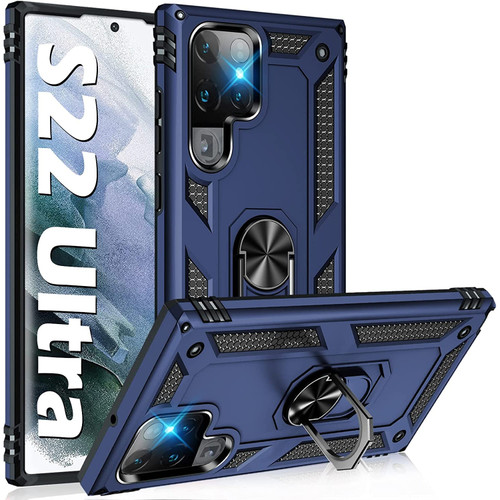 Military Grade Finger Loop Case with Ring Holder for Samsung Galaxy S22 Ultra 5G - Navy Blue