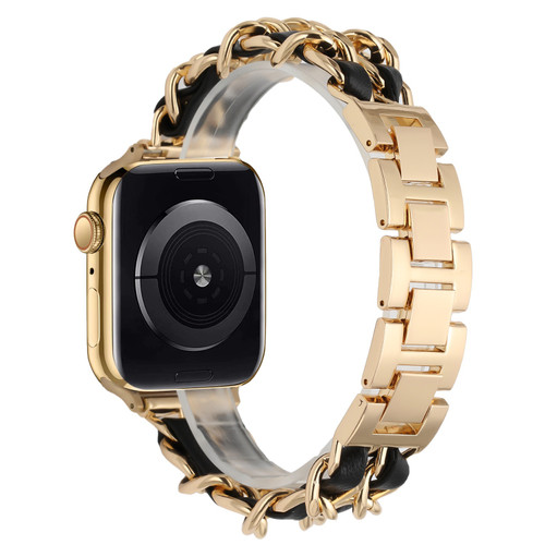 Steel Chain Bracelet Interwoven with Leather Strap for Apple Watch 45mm / 44mm / 42mm - Gold Black
