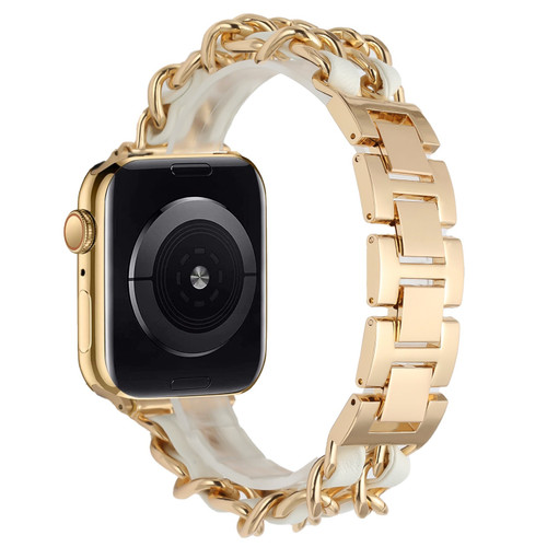 Steel Chain Bracelet Interwoven with Leather Strap for Apple Watch 41mm / 40mm / 38mm - Gold White