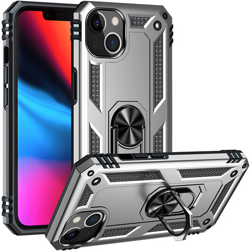 Military Grade Finger Loop Case with 360° Rotating Ring Grip Kickstand for iPhone 14 - Silver
