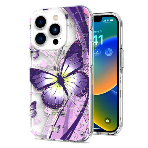 Butterfly Series Dual Layer Transparent Hybrid Case for iPhone 14 Pro - Purple Pink