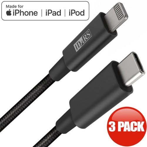 iDARS MFi Apple Certified PD Fast Charge USB-C to Lightning Braided Cable (4 ft) - Black