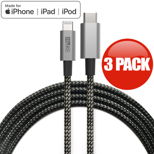 3-Pack iDARS MFi Apple Certified PD Fast Charge USB-C to Lightning Braided Cable (4 ft) - Black Grey